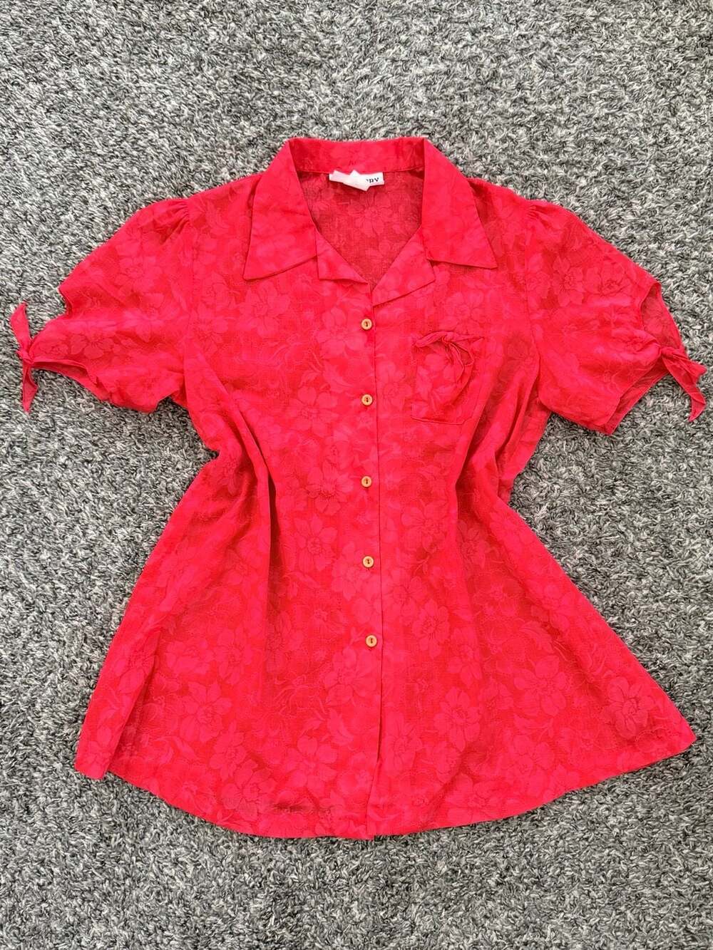 Mainberry Inc. Vintage Red Floral Blouse with Tie-Sleeve Detail